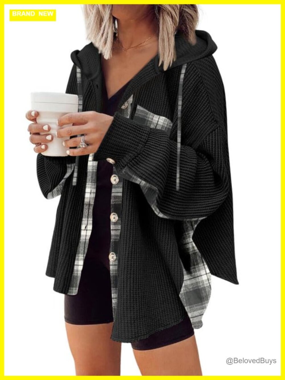 Waffle Knit Plaid Shacket Button Down Hooded Jacket Loose Fit
